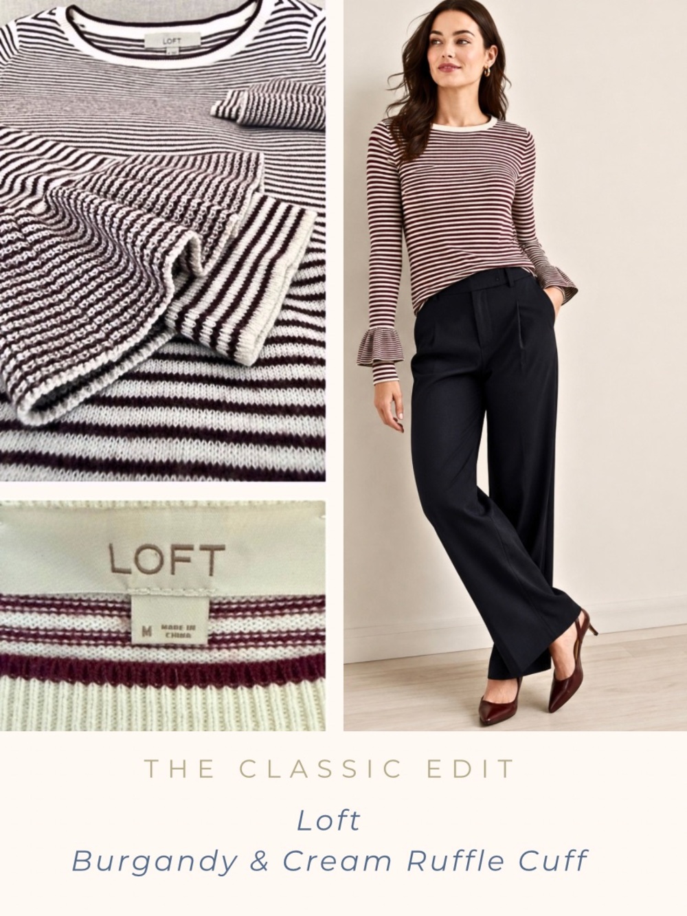 LOFT Striped Knit Sweater | Burgundy & Cream | Ruffle Cuff Detail | Size M
